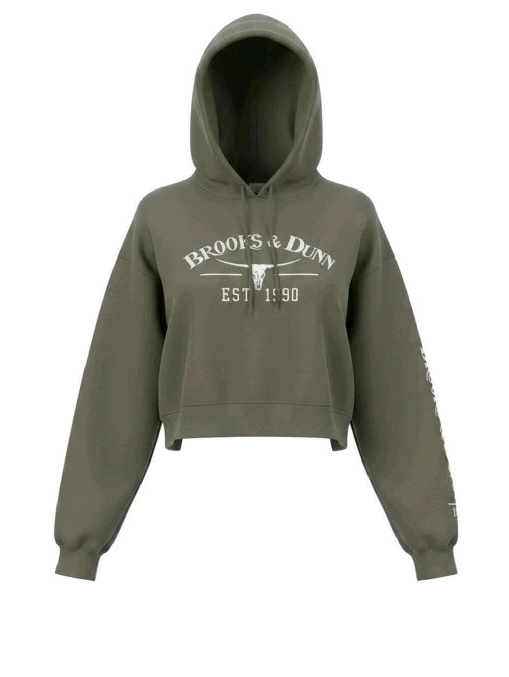 Brooks & Dunn Women Cropped Hoodie Sweatshirt XL Olive Green Embroidery Concert